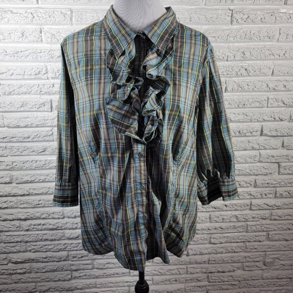 Avenue Womens Top 22 24 Plus 3/4 Sleeve Blue Plaid Button Ruffle PLA52E